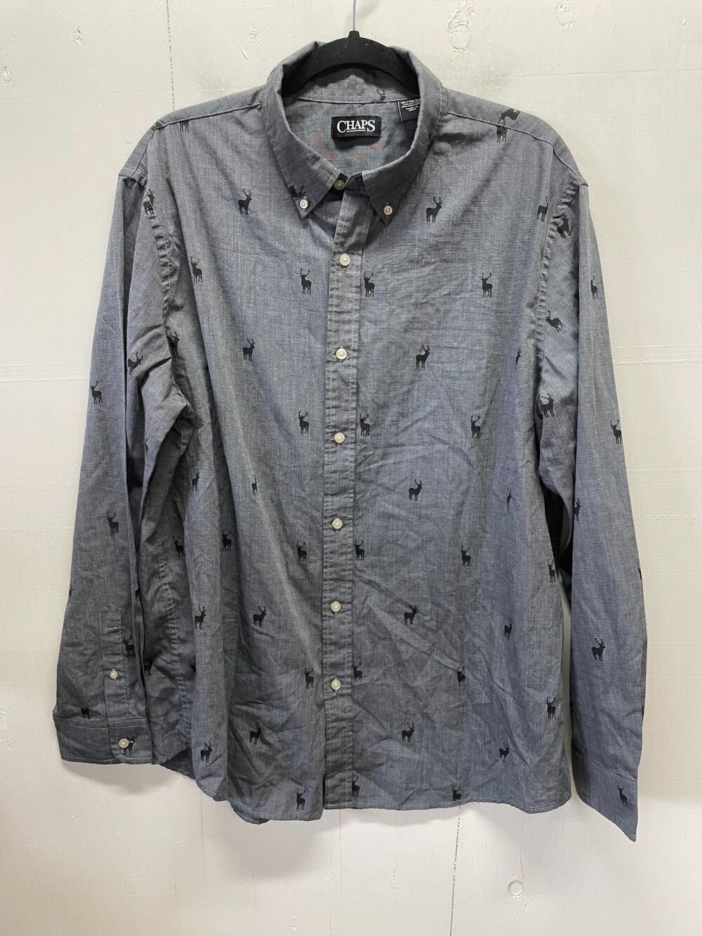 Chaps Deer Print Long Sleeve Button-Down Shirt Men's Size XL Gray Black Casual